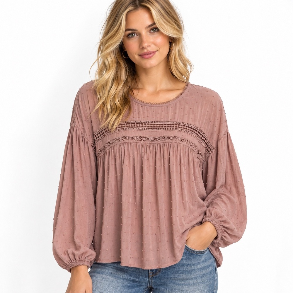 NWT Gypsies & Moondust Mauve Swiss Dot Lace Boho Blouse XL